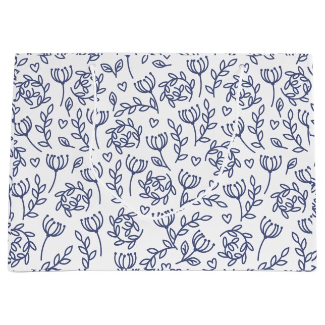 Weiße Ostergeschenktasche mit blauem Blumenmuster Große Geschenktüte (Vorderseite)