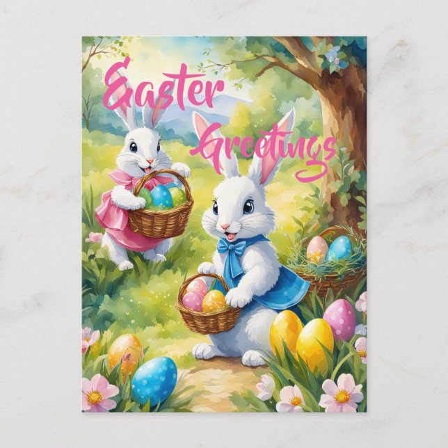 Weiße Osterkaninchen mit bunten Eiern Postkarte (Vorderseite)