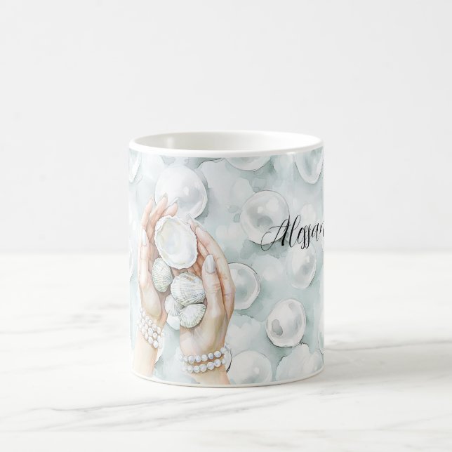 Weiße Ozean-Meeresgischtblaue Muscheln Perlen Kaffeetasse (Mittel)