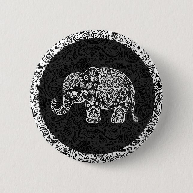 Weiße Paisley Elephant Black Damasks Hintergrund Button (Vorderseite)