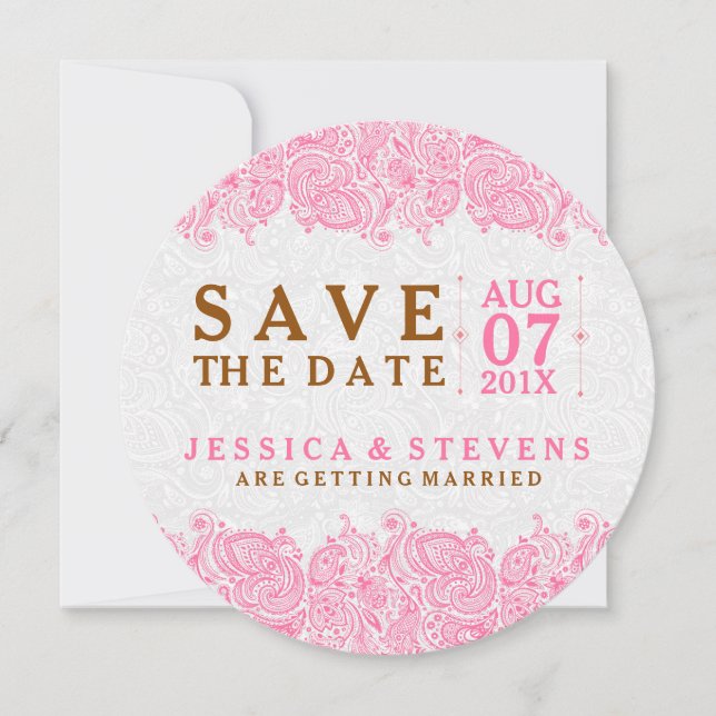 Weiße Paisley und rosa Spitzen Save the Date (Vorderseite)