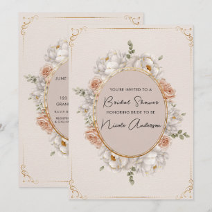 Weiße Päonie & Blush-Rosen-Blumen-Hochzeit Einladung