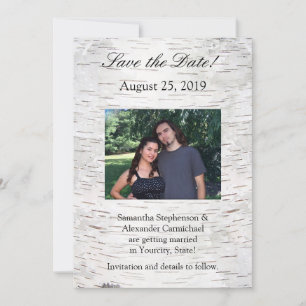 Weiße Papierbirkenrinden-Rustikalholz-Hochzeit Einladung
