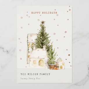 Weiße Pastell-Schneebaum-Häuser Frohe Weihnachten Folien Feiertagskarte