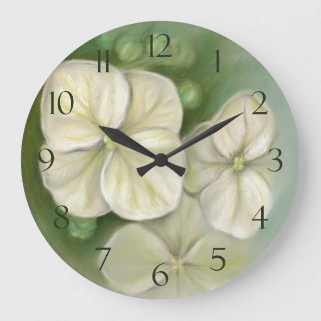 Weiße Pastelle Hydrangea Blütencreme Große Wanduhr (Vorderseite)