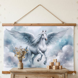 Weiße Pegasus Flügel Sanfte Blaue Himmel Traumland Wandteppich Mit Holzrahmen