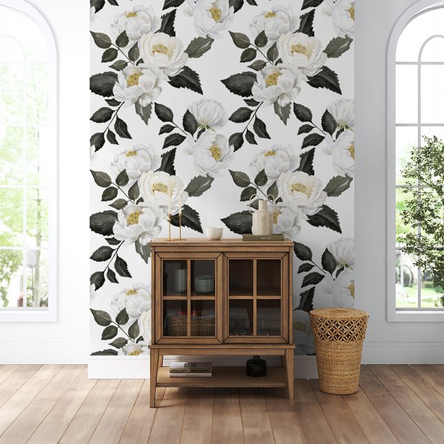 Weiße Peonies Blumenwiesen Botanischer Garten Tapete (White Peonies Floral Watercolor Botanical Garden Wallpaper)