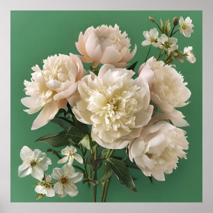 Weiße Peonies mit Frühlingsblumen auf Grün Poster