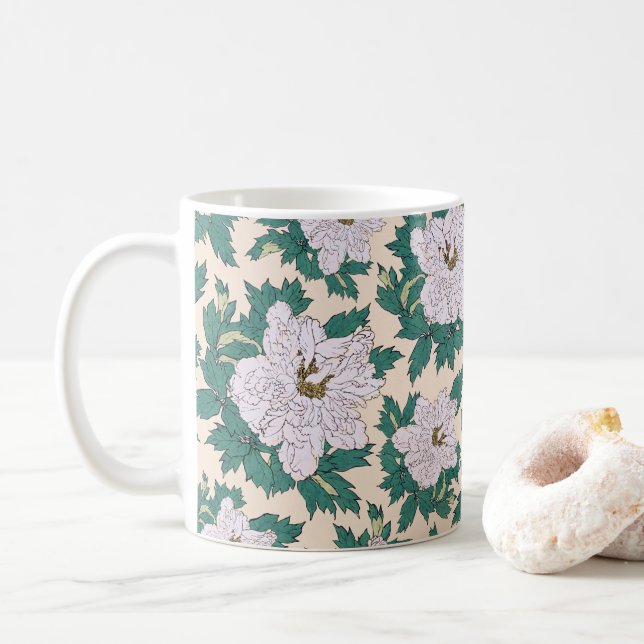 Weiße Peonies und grüne Blätter Kaffeetasse (Mit Donut)