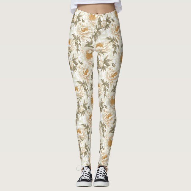 Weiße Peony Floral Pattern Leggings (Vorderseite)