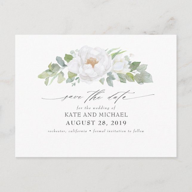 Weiße Peony und Aquarellgrüne Save the Date Postkarte (Vorderseite)