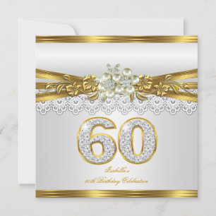 Weiße Perle Goldene Spitze Floral 60. Geburtstagsf Einladung