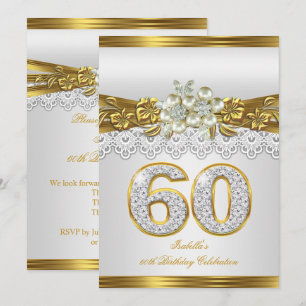 Weiße Perle Goldene Spitze Floral 60. Geburtstagsf Einladung
