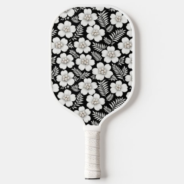 Weiße Perlen in Blumenmuster Pickleball Schläger (Vorderseite)