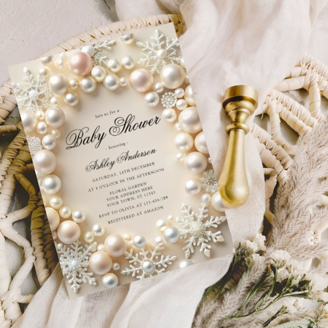 Weiße Perlen mit Schneeflocken Babydusche Einladung (Von Creator hochgeladen)