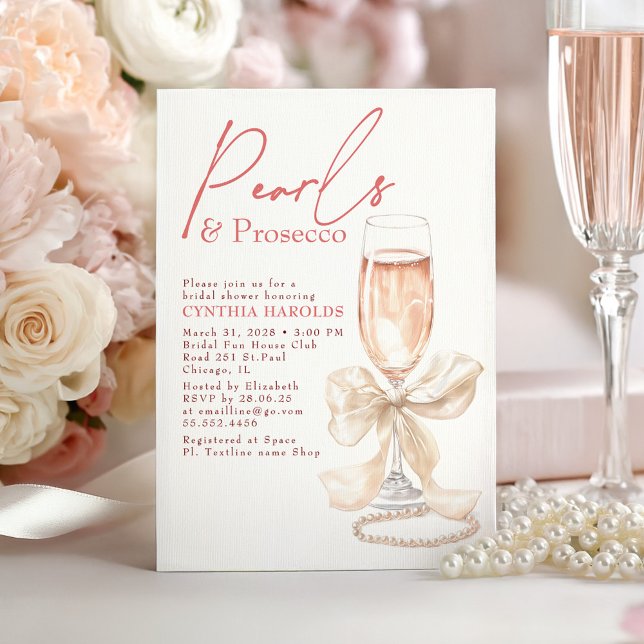 Weiße Perlen & Prosecco Rosé Brautparty Einladung (Creamy White and Blush Bow Pearls and Prosecco Bridal Shower Invitation)