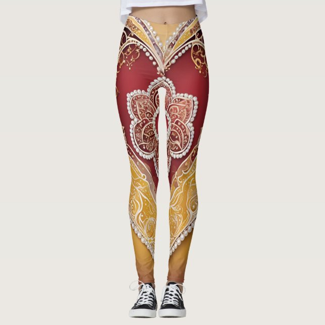 Weiße Perlen über Kunst der roten KI Leggings (Vorderseite)