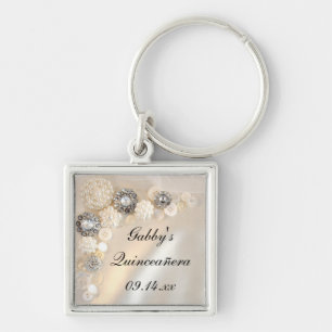 Weiße Perlen- und Diamantknöpfe Quinceañera Schlüsselanhänger