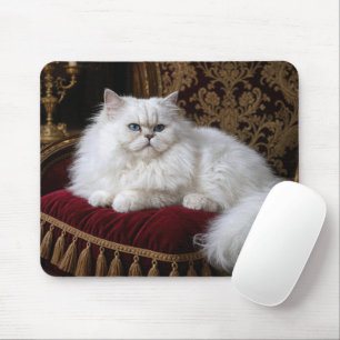 Weiße Perserkatze auf einem Samtstuhlpolster Mousepad
