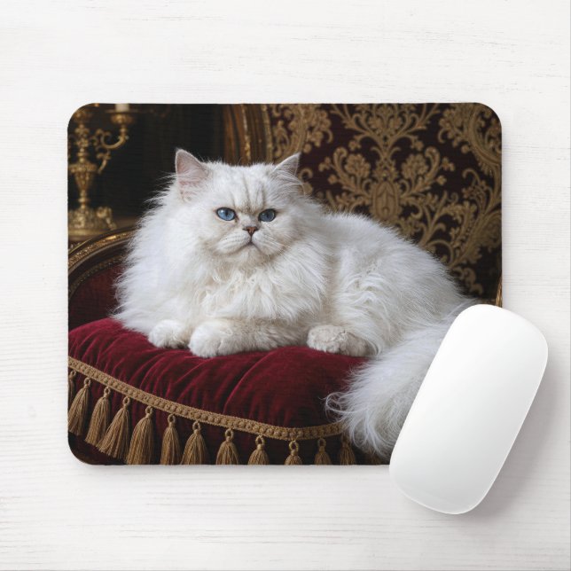 Weiße Perserkatze auf einem Samtstuhlpolster Mousepad (Mit Mouse)