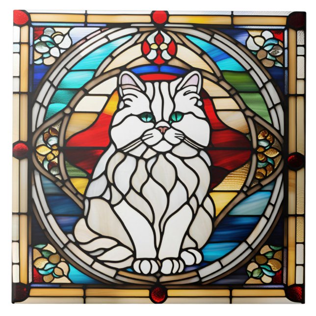 Weiße persische Katze aus festem Glas Fliese (Vorderseite)