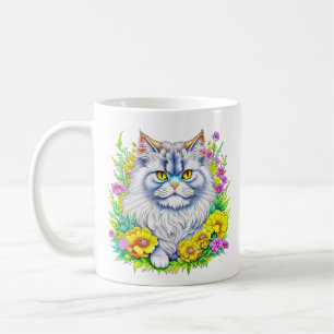 Weiße persische Katze bei Blume Kaffeetasse