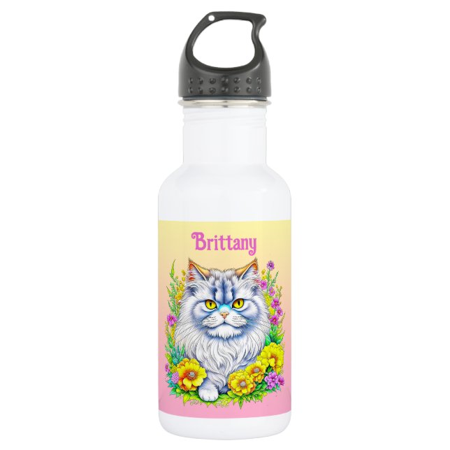 Weiße persische Katze bei Blume Personalisiert Edelstahlflasche (Vorderseite)