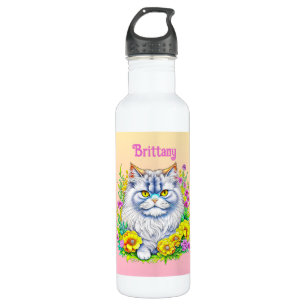Weiße persische Katze bei Blume Personalisiert Edelstahlflasche