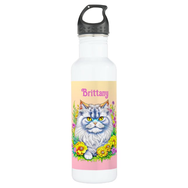 Weiße persische Katze bei Blume Personalisiert Edelstahlflasche (Vorderseite)