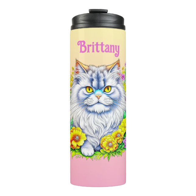 Weiße persische Katze bei Blume Personalisiert Thermosbecher (Vorderseite)