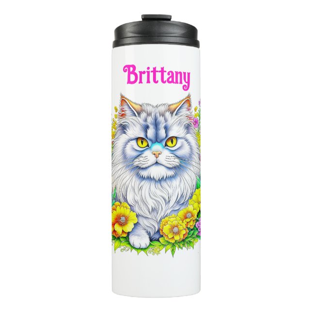 Weiße persische Katze bei Blume Personalisiert Thermosbecher (Vorderseite)