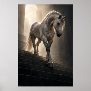 Weiße Pferd, das steinerne Treppen hinabsteigt, Re Poster