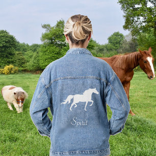 Weiße Pferd- und Landgeist-Schrift-Denimjacke Jeansjacke