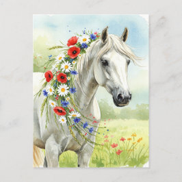 Weiße Pferd-Wildblumen-Aquarell-Blumen-Postkarte Feiertagspostkarte
