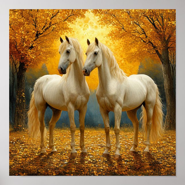 Weiße Pferde Herbstwald Landschaft Romantisch Poster (Vorne)