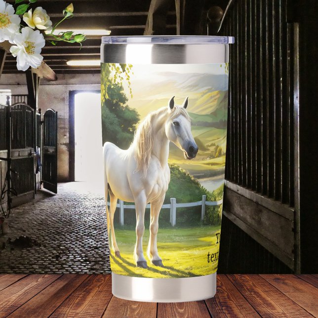 Weiße Pferde Landschaft gestrichen Pferde Thermobecher (Thermal tumbler featuring a painting of a white horse in a hilly landscape - equine - equestrian)