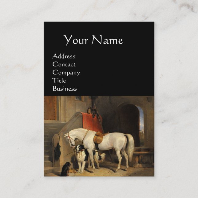 WEISSE PFERDE MIT HUNDEN UND FALKEN IN STABILEN, g Visitenkarte (Vorderseite)