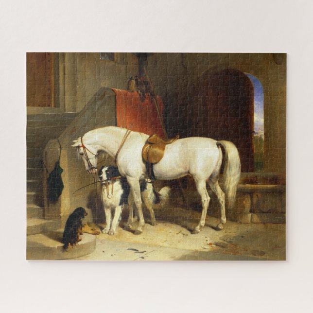 WEISSE PFERDE MIT HUNDEN UND FALKEN IN STABILER PUZZLE (Horizontal)