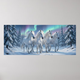 Weiße Pferde unter dem Nordlicht im Winterwald Poster