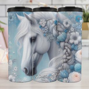 Weiße Pferdeblaue Blumen Eleganz Thermosbecher