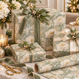 Weiße Pfingstrosen Floral Salbei Grün Gold Elegant Geschenkpapier