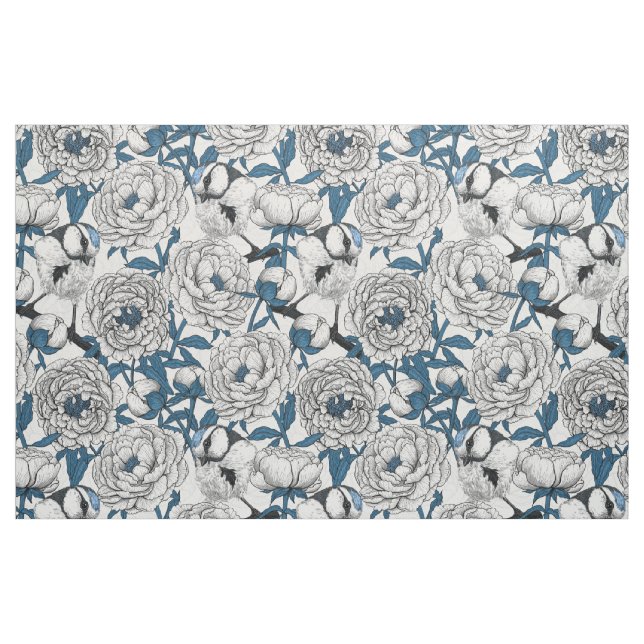 Weiße Pfingstrosen und Blaumeisen Stoff (Fat Quarter (45,7 x 55,9 cm))