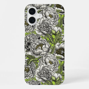 Weiße Pfingstrosenblüten und Motten iPhone 16 Plus Hülle