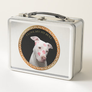 Weiße Pitbulle mit roten Küssen über sein Gesicht. Metall Lunch Box