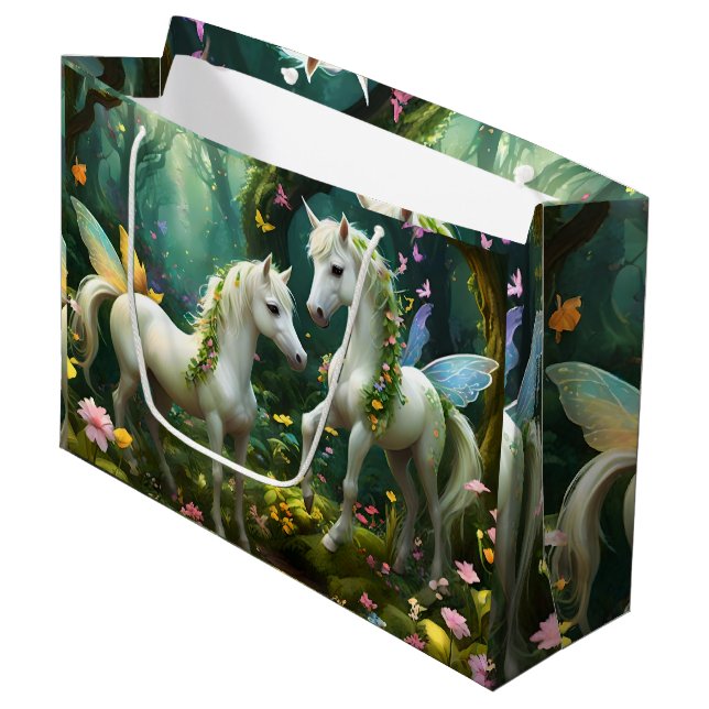 Weiße Pixie Fantasy Pferde im magischen Garten, Große Geschenktüte (Vorderseite Schrägansicht)
