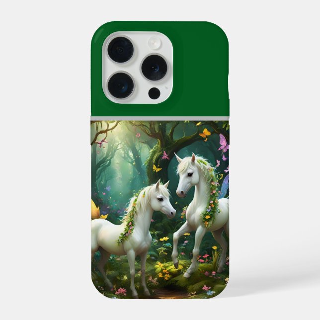Weiße Pixie-Fantasy-Pferde im magischen Garten, iPhone Hülle (Rückseite)