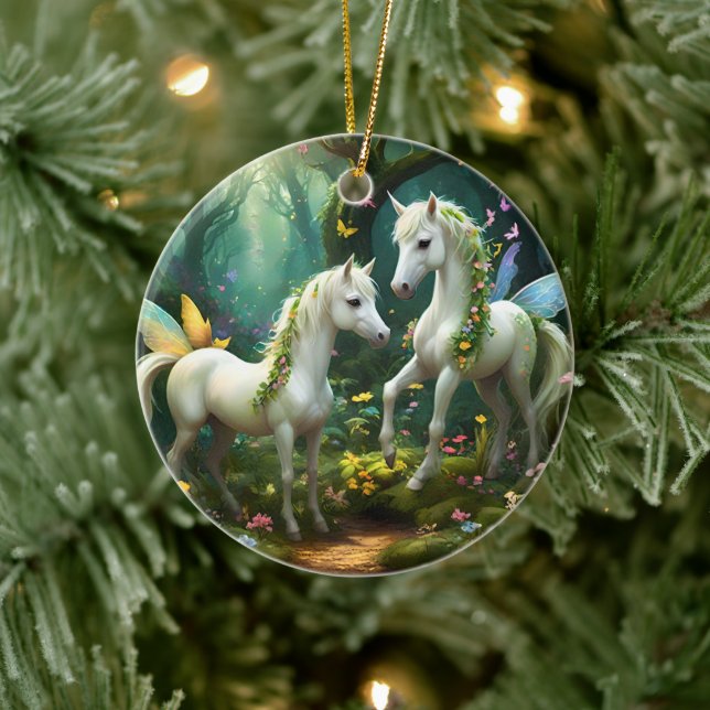 Weiße Pixie Fantasy Pferde im magischen Garten, Keramik Ornament (Baum)