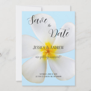 Weiße Plumeria auf blauer, tropischer, blumenreich Save The Date