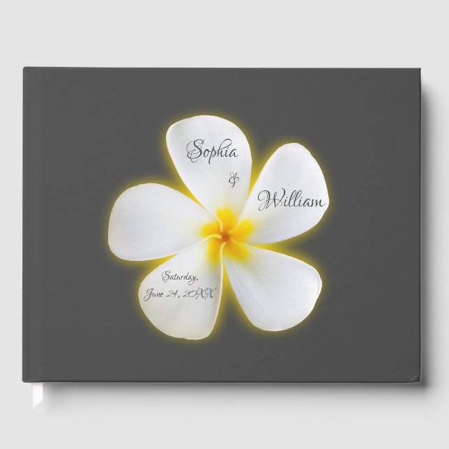 Weiße Plumeria-Blume auf dem modernen Platz, Hochz Gästebuch (Vorderseite)