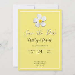 Weiße Plumeria Blume auf Gelb, Modernes Rett Datum Einladung